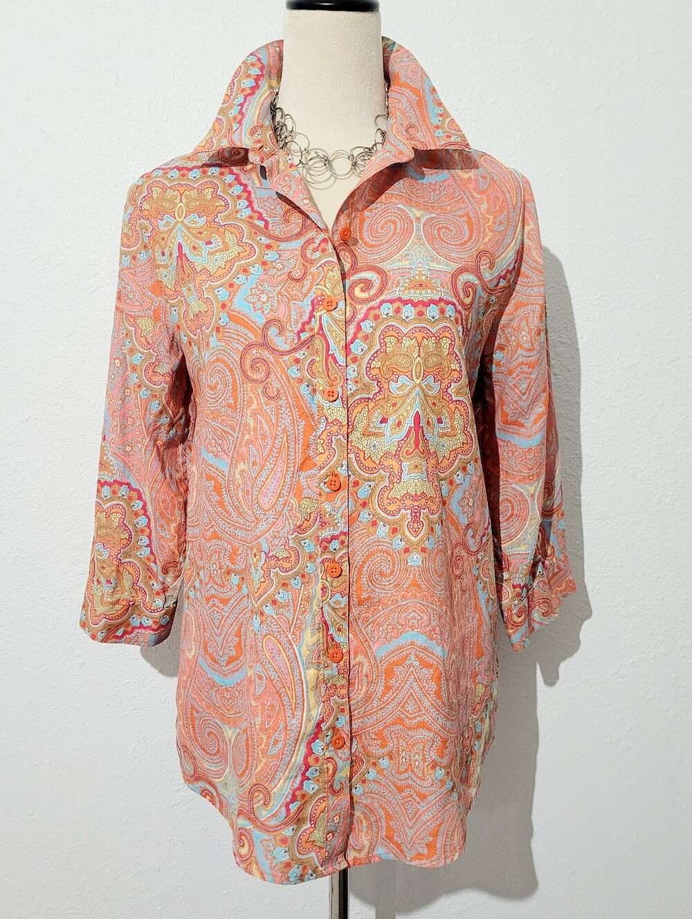 Chico's Size Small 100% Linen Paisley Button Front Shirt Coral Blue 3/4 Sleeve - Picture 2 of 13